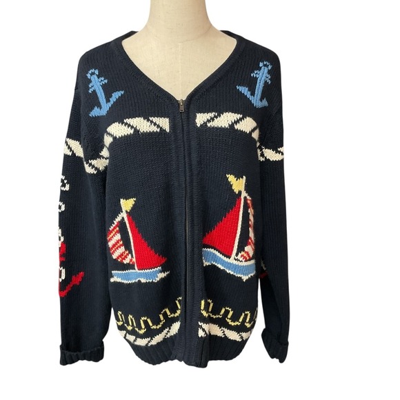 Crazy Horse by Liz Claiborne Nautical Rib Knit Full Zip Oversized Sweater Size S - Picture 1 of 10